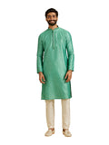 Manyavar Men's Art Silk Intricate Prints & Neck Detailing Kurta Pyjama Set (Green,3XL)