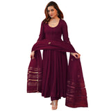 Anni Designer Women'S Rayon Blend Anarkali Solid Kurta With Pant & Dupatta (Jaynti Wine_S_Wine_Small),Wine,S