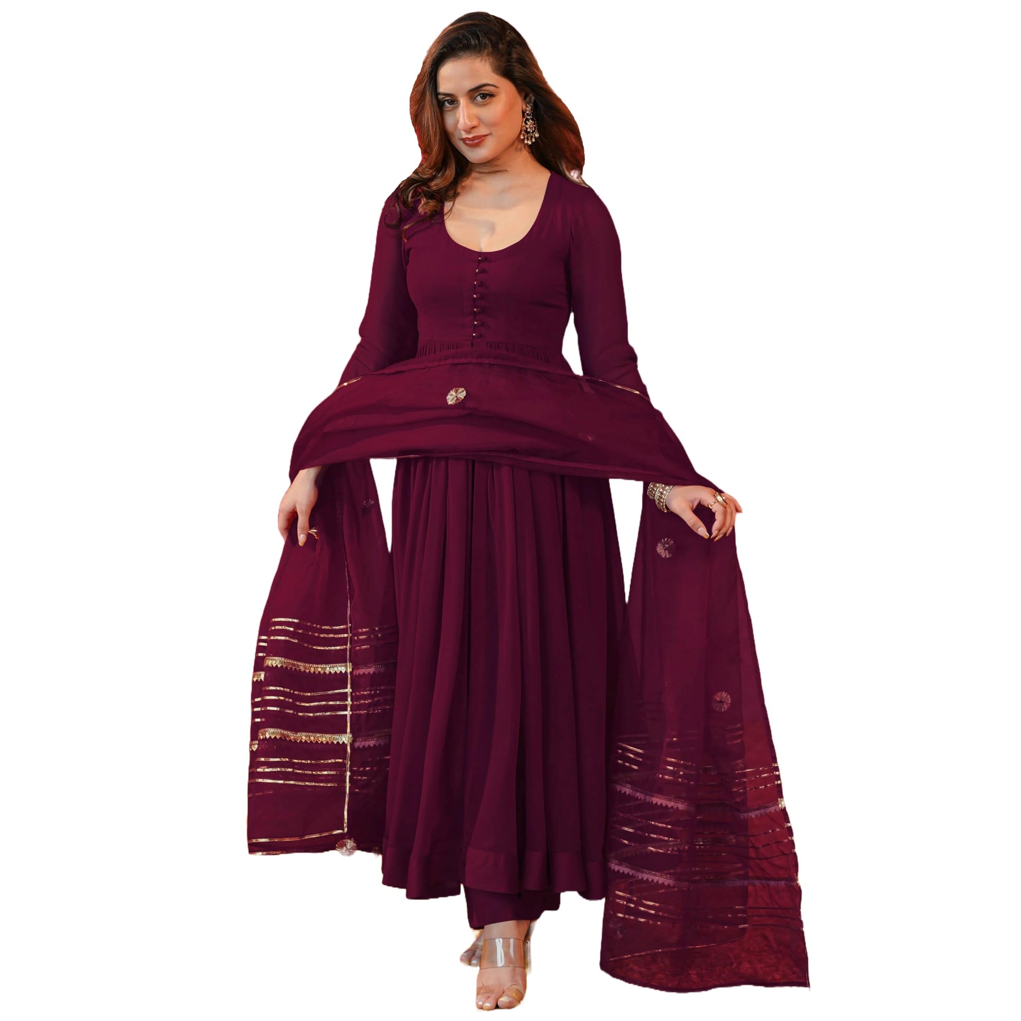 Anni Designer Women'S Rayon Blend Anarkali Solid Kurta With Pant & Dupatta (Jaynti Wine-Vks01_Xl_Wine_X-Large),Wine,XL