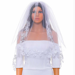 Acenail 2 Tiers Bride Wedding Veil Waist Veil Short Lace Edge Veil with Comb Bridal Tulle Hair Accessories for Brides (White)