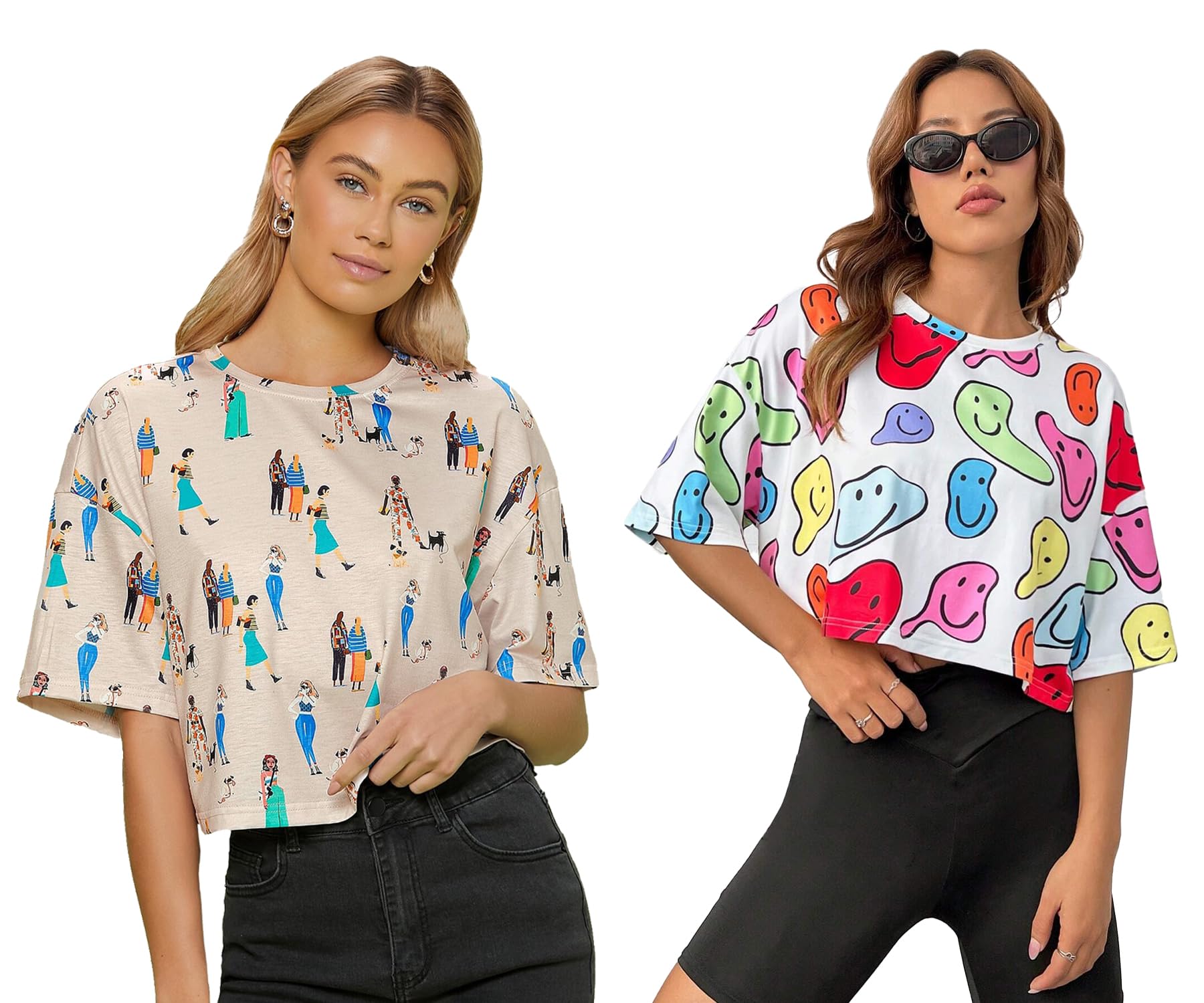 Toplot Women'S Casual Printed Crop Top With Half Sleeve Pack Of 2 (Combo-5098-Cku-Mlt-M),Chiku-Multi,,B0CFTV1KCW