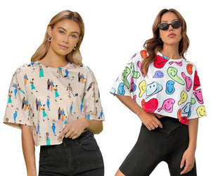 Toplot Women'S Casual Printed Crop Top With Half Sleeve Pack Of 2 (Combo-5098-Cku-Mlt-M),Chiku-Multi,,B0CFTV1KCW
