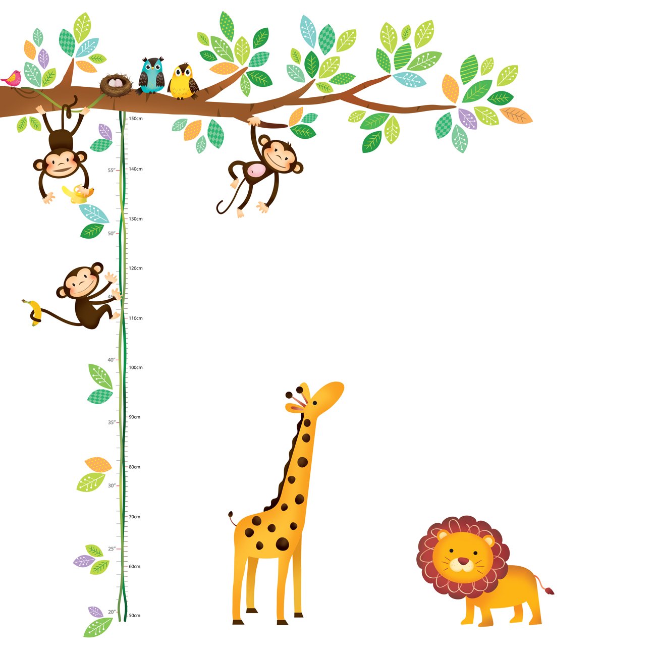 Decowall Dw-1402 Little Monkeys Tree And Animals Height Growth Chart Kids Wall Stickers Wall Decals Peel And Stick Removable Wal