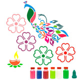 Incredible Gifts India Flower with Peacock Rangoli Stencils for Floor Combo with Six Rangoli Colors (Wood, 30cmx30cm)
