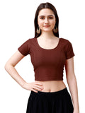 Pujia Mills Women's Readymade Dobby Cotton Lycra Stretchable Round Neck Short Sleeve Blouse Fancy Brown Color Lycra Stretchable 