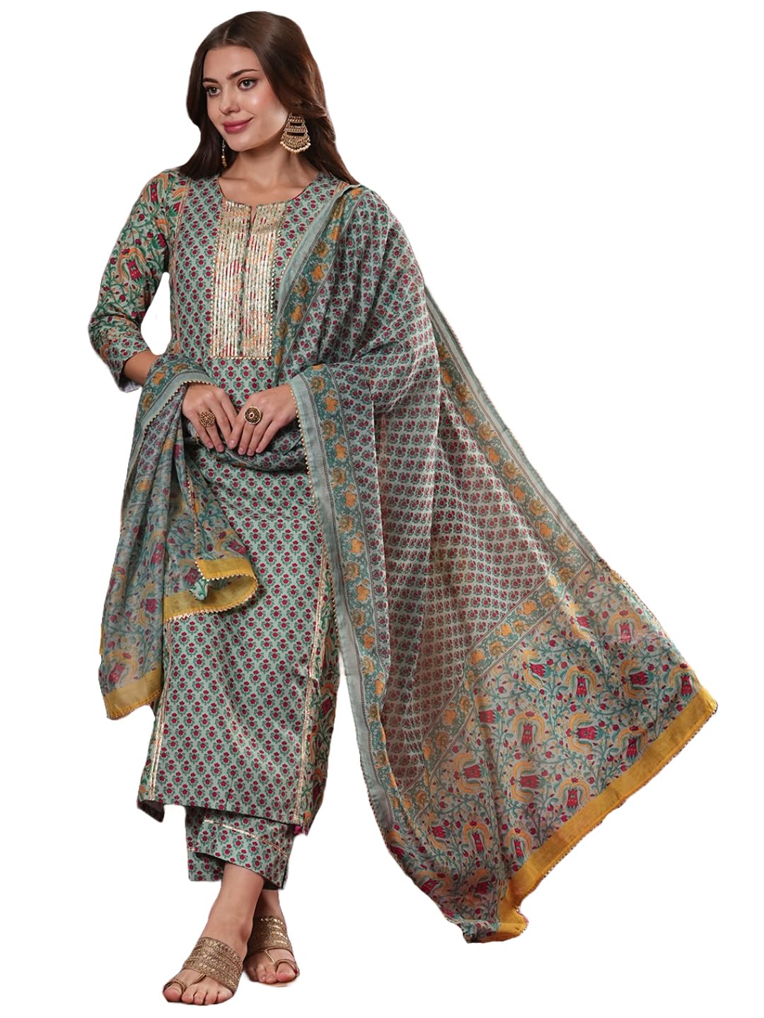 Anni Designer Women'S Cotton Blend Straight Printed Kurta With Pant & Dupatta (Sanghvi Green_M_Green_Medium),Green,M,,,