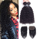 Amella Hair Brazilian Curly Virgin Hair Weave 3 Bundles with 4X4 Lace Closure 8A Brazilian Kinky Curly Hair Weave Bundles Natura