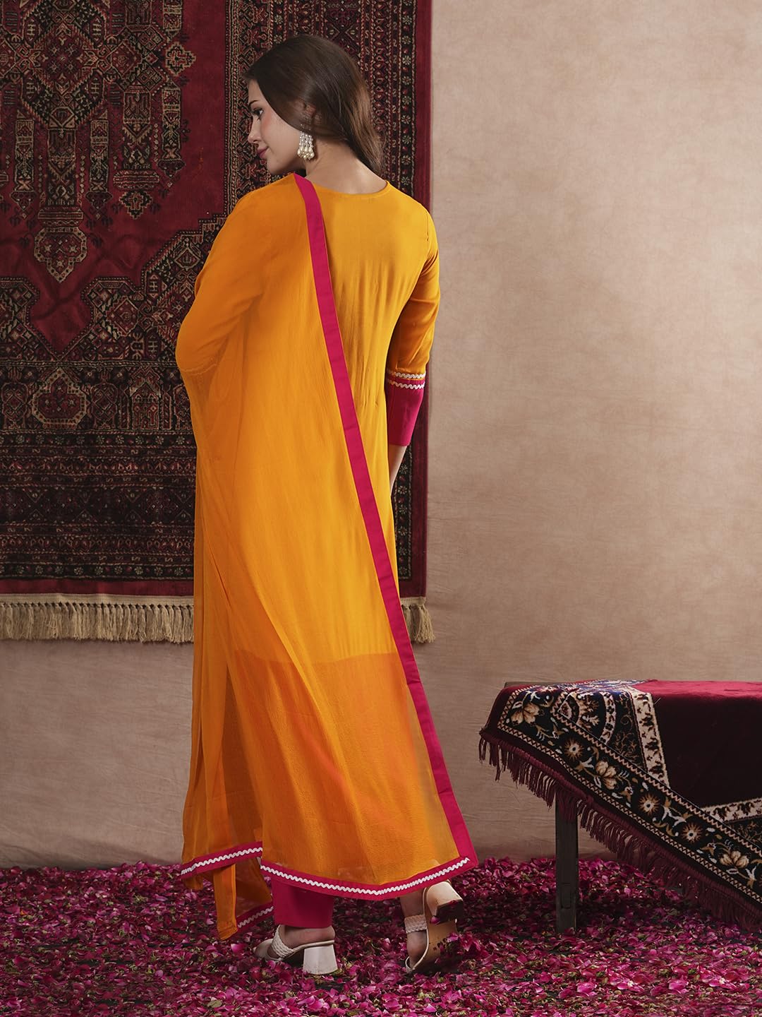 Anni Designer Women'S Cotton Blend Straight Solid Kurta With Pant & Dupatta (Panai Orange_M_Orange_Medium),Orange,M,Rayon Blend,Classic,