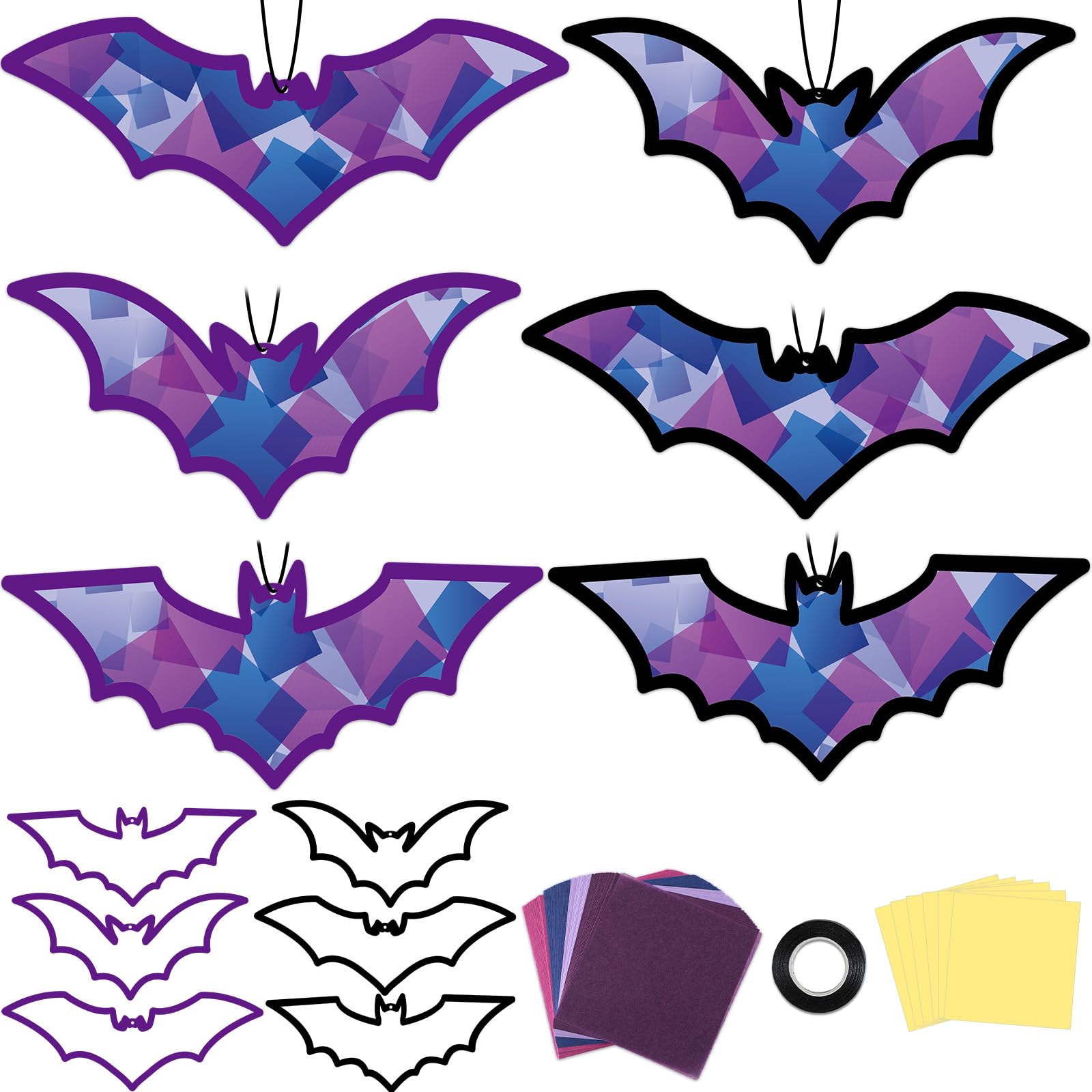 Qyeahkj 36 Set Halloween Bat Suncatchers Crafts for Kids DIY Hanging Bat Window Tissue Paper Crafts Kit Bat Hanging Decor for Ha