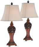 Regency Hill Exeter Traditional Style Table Lamps 30 Tall Full Size Set of 2 Bronze Wood Carved Leaf Creme Rectangular Bell Shad