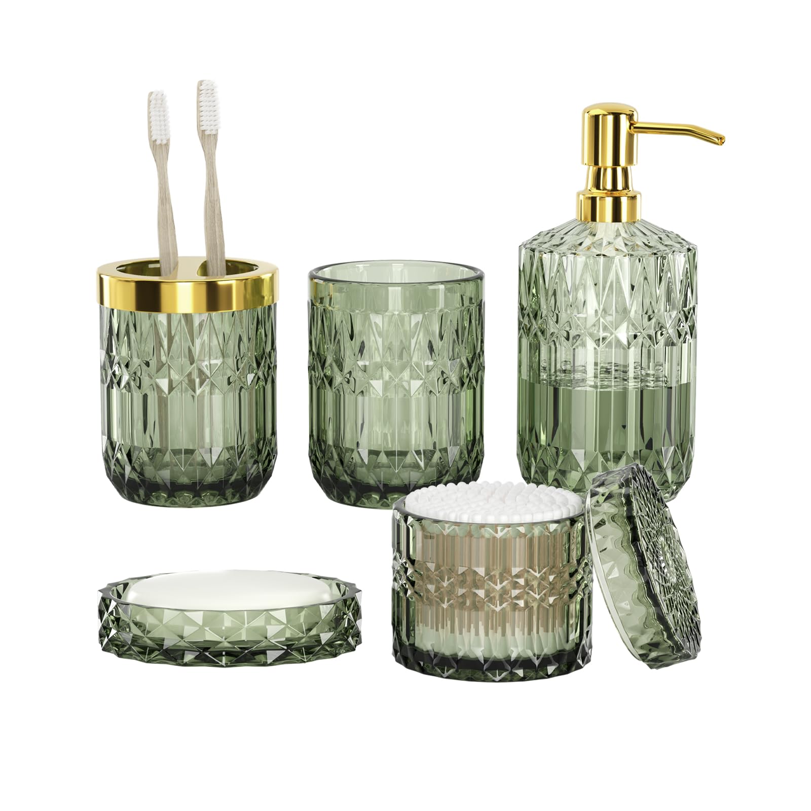 Towoaafu Green Bathroom Accessories Set - 5 PCS Glass Bathroom Decor with Soap Dispenser & Soap Dish & Toothbrush Holder & Tumbl