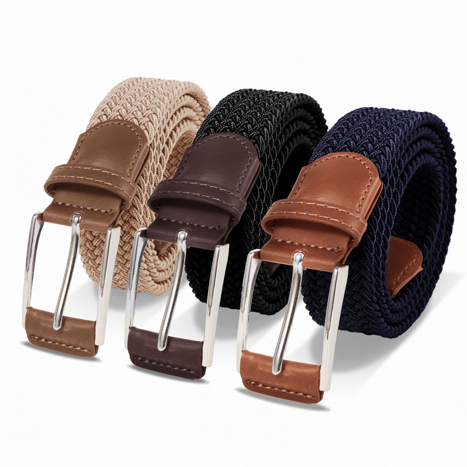 LAURA FAIRY 3PC Casual Stretch Belts for Men, Adjustable Braided Mens Elastic Belt, Ideal Gifts for Golf, Dress, Work, Valentine