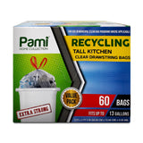 PAMI Recycling Tall 13-Gallon Kitchen Drawstring Trash Bags- Extra-Strong Plastic Garbage Bags [Clear 60 Pack]- Thick Trash Can 