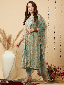 Gosriki Women'S Cotton Blend Anarkali Printed Kurta With Pant & Dupatta (Meets-Green-Gs_S_Green_Small),Green,,B0CJY793RH