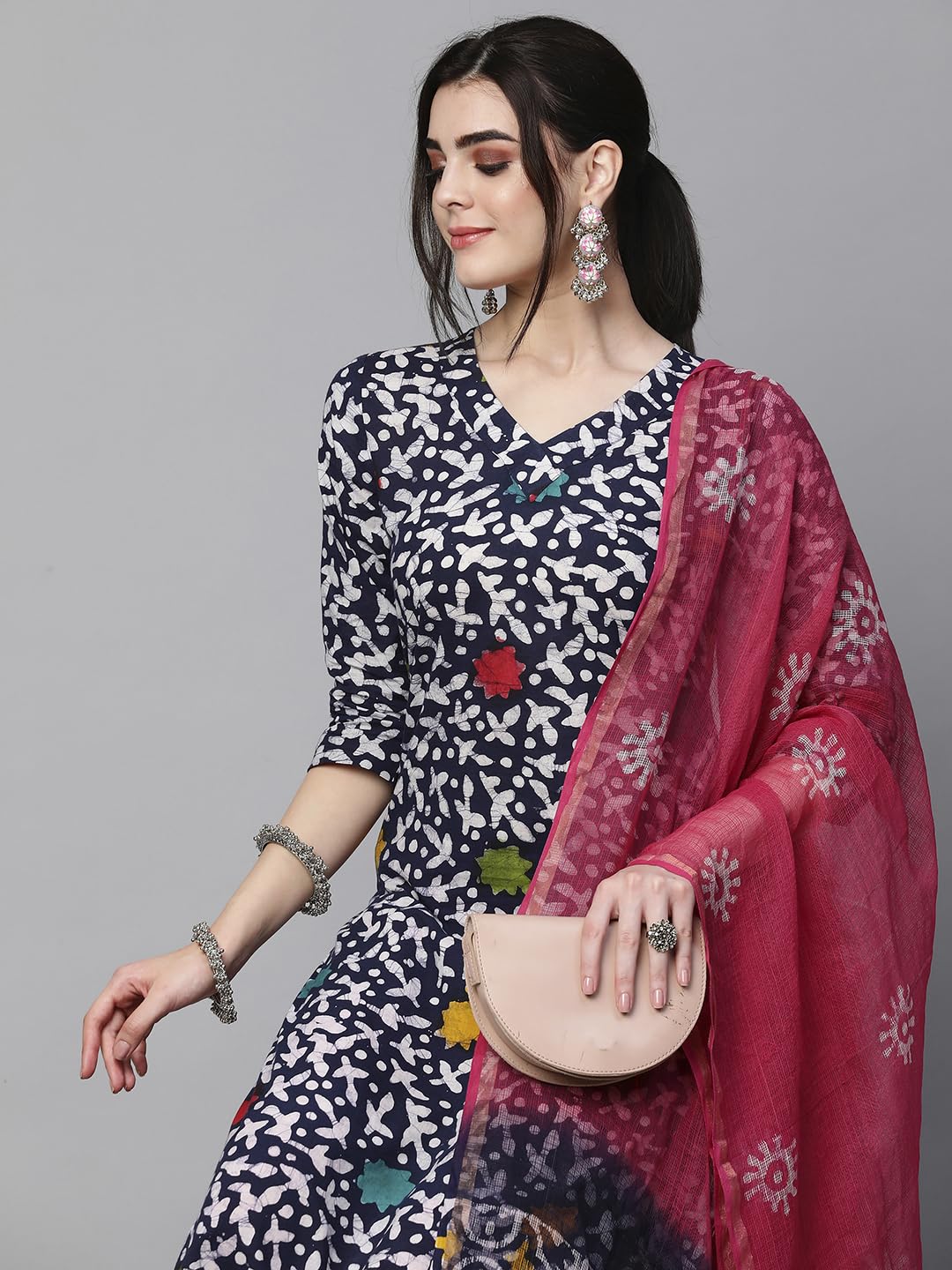 Anni Designer Women'S Cotton Blend Printed Straight Kurta With Pant & Dupatta (Khara Blue_M_Blue_Medium),Blue,M,Cotton Blend,Regular,