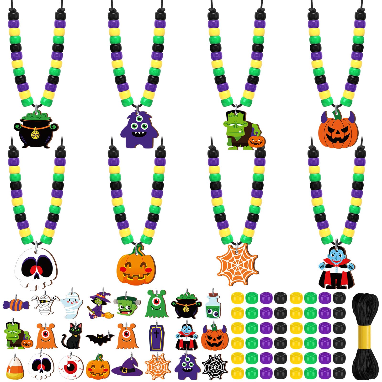 Ferreve 48 Sets Halloween Beads Necklace Crafts Kit Halloween Bracelet Making Kit Ghost Witches Pumpkins Tombstones Pots Black C