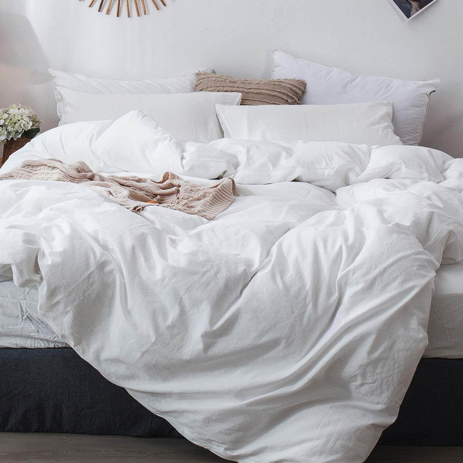 Moomee Bedding Duvet Cover Set 100% Washed Cotton Linen Like Textured Breathable Durable Soft Comfy (Off White, Twin)