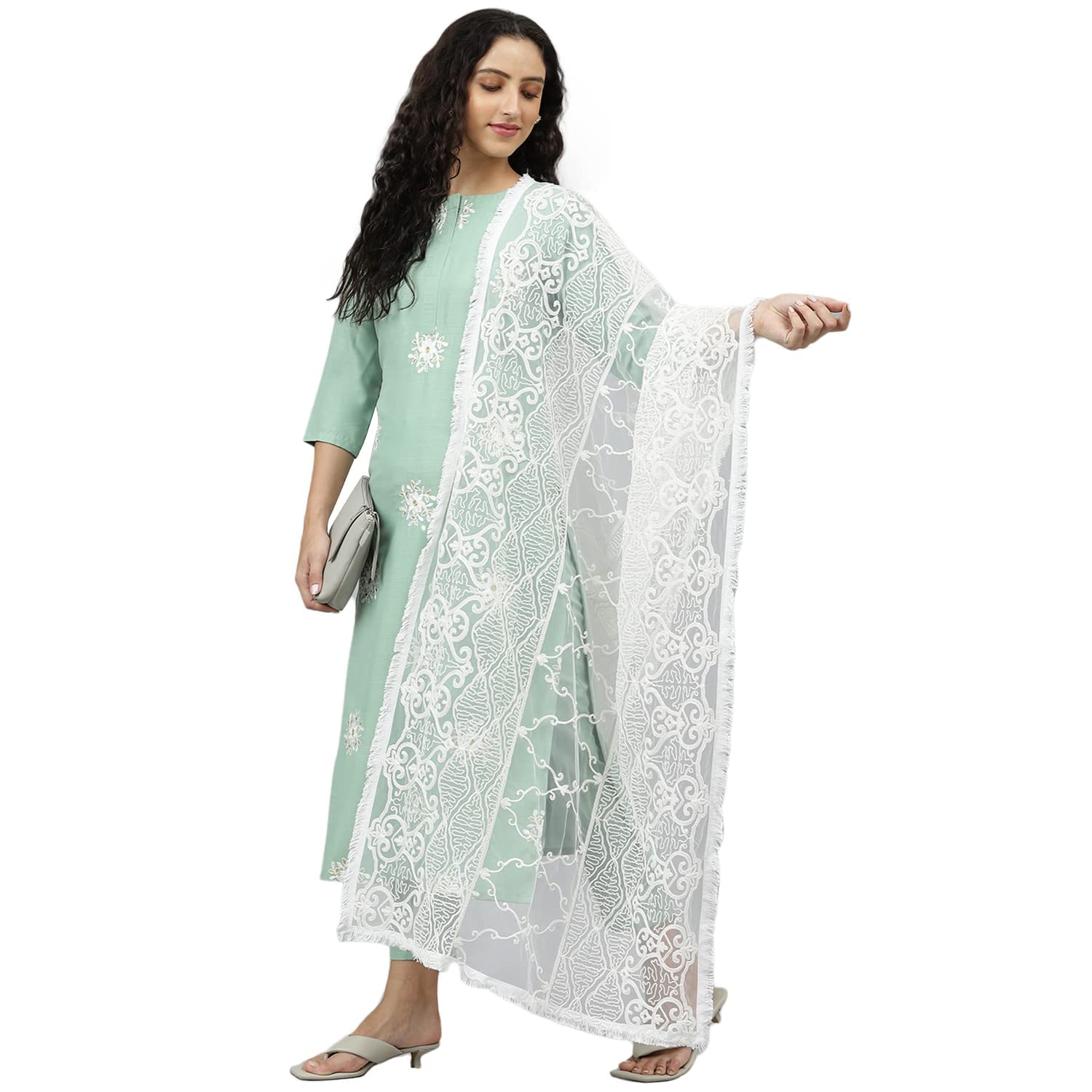 Gosriki Women'S Cotton Blend Embroidered Straight Kurta Pant & Dupatta (Cntl Green_New_M-Go_Green_Medium),Green,,B0B4FXFR7G