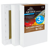 PHOENIX 9x12 Inch 3 Pack Gallery Canvas - 1.5 in Thick Canvases for Painting - Deep Edge 100% Cotton 11 Oz. Gesso Primed White B