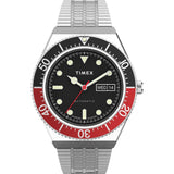 Timex Mens M79 Automatic 40mm Watch - Silver-Tone Case Black Dial Red/Black Top Ring with Stainless Steel Bracelet