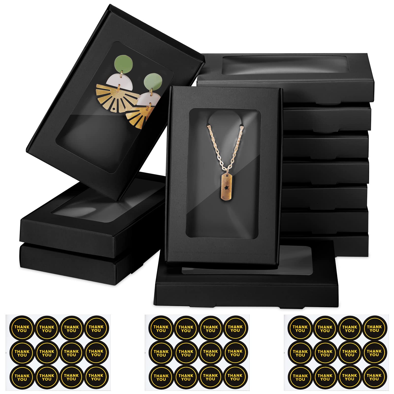 Crtiin 30 Pcs Jewelry Packaging Boxes 5.4x3.4x0.7 Paper Necklace Gift Box Bulk with Clear Window 30 Display Card 36 Sticker for 