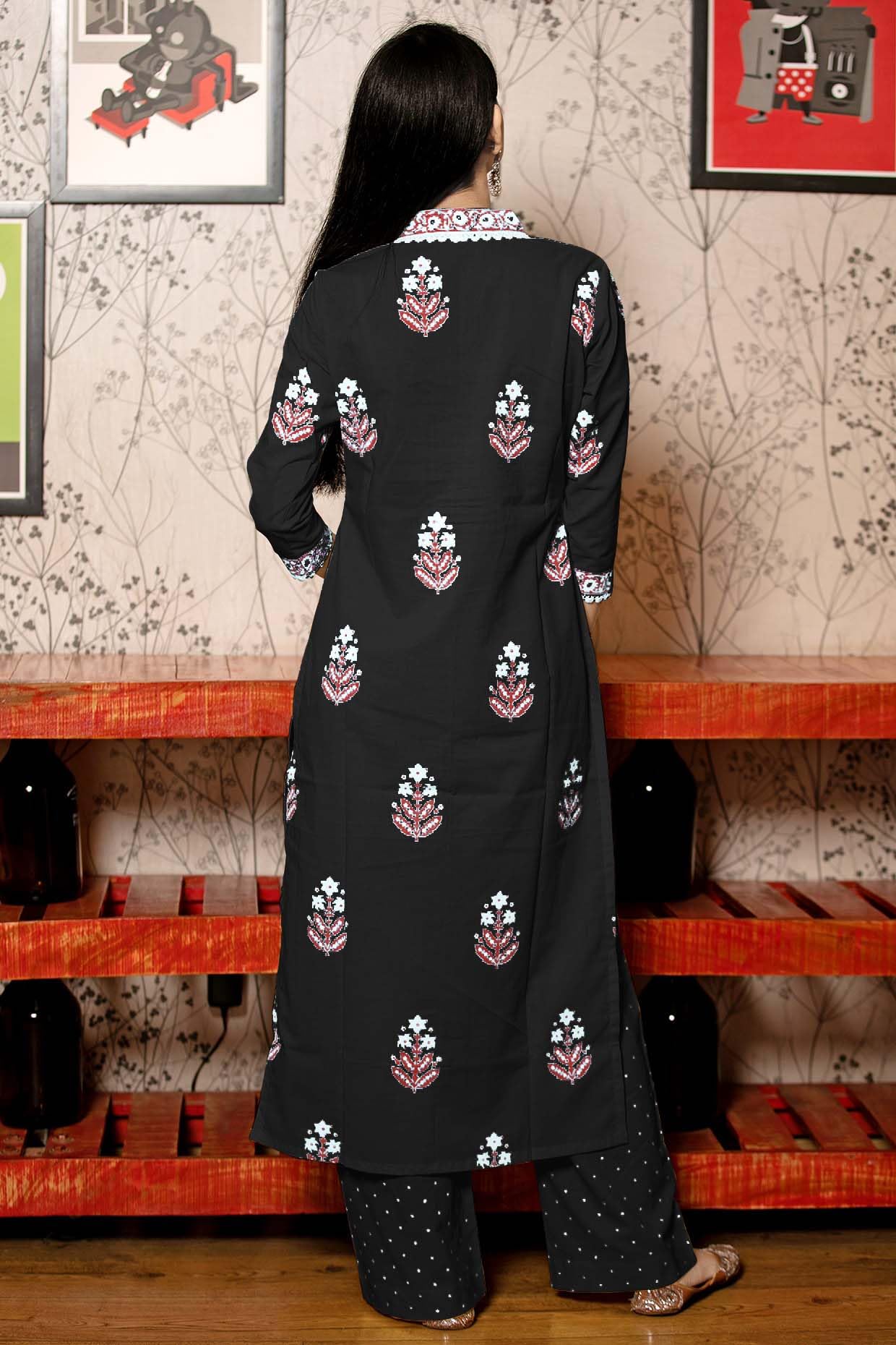 Anni Designer Women'S Rayon Viscose Floral Straight Kurta With Pant & Dupatta (Belagavi Mustard_Black_Small),Black,S,Rayon,Regular,