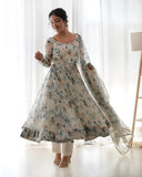 Wedani Women Floral Print Anarkali Kurta With Pant And Duptta (Small White-Beige),White-Beige,S,Georgette,Anarkali,Pants, Scarf