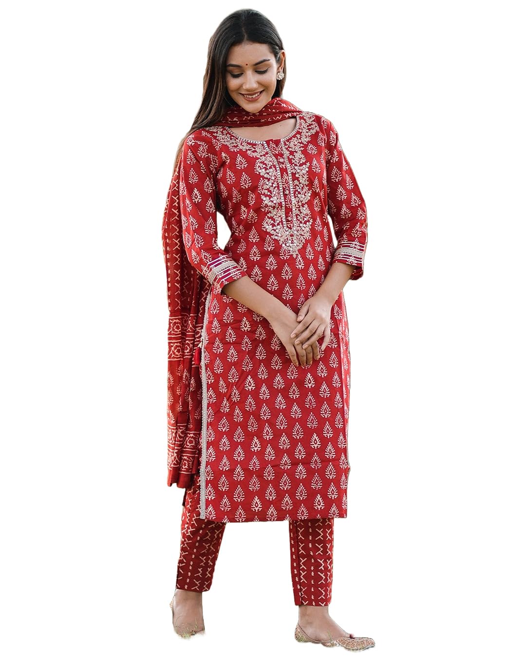 Anni Designer Women'S Rayon Blend Straight Printed Kurta With Pant & Dupatta (Maasa Red_M_Red_Medium),Red,M