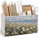 Lacama Coastal Wildflower Pen Pencil Holder for Desk, Blue Preppy Beach Floral Pencil Holders Wooden Box Organizer for Home Offi