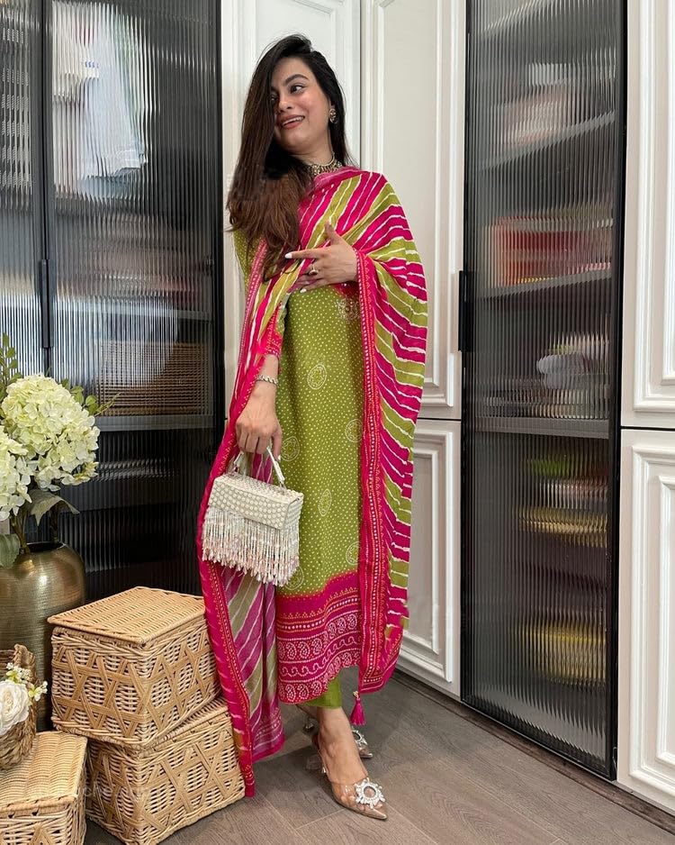 Anni Designer Women'S Rayon Viscose Straight Bandhej Printed Kurta With Pant & Dupatta (Navima Green_S_Green_Small),Green,S,Rayon Viscose,Regular,