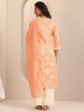 Libas Womens Printed Cotton Blend Straight Kurta With Palazzos And Dupatta Orange S