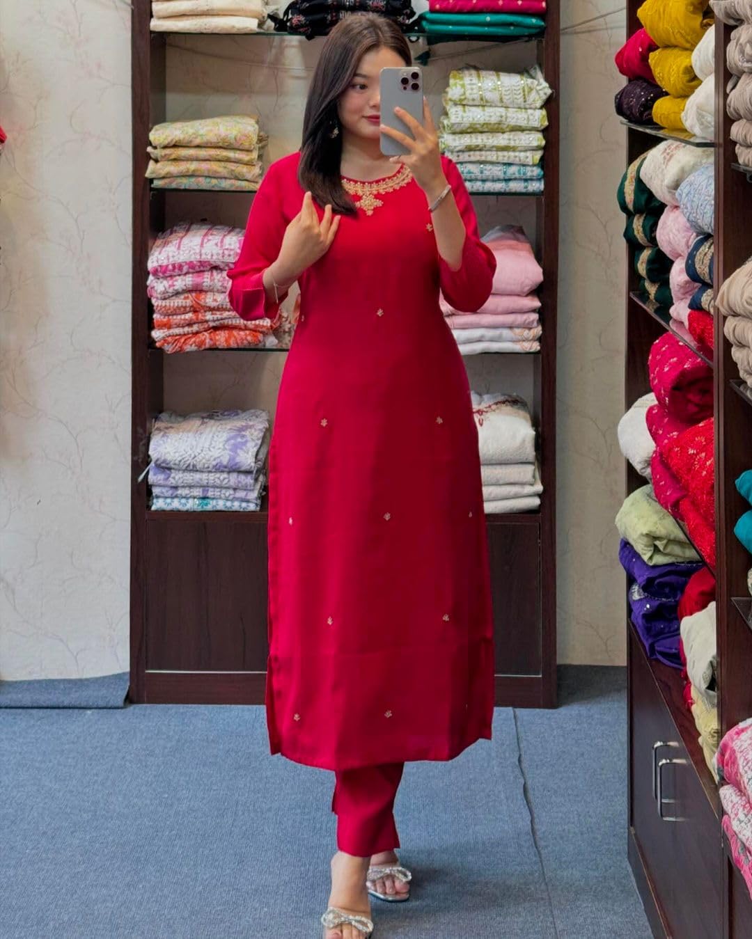 Gosriki Women'S Rayon Blend Straight Embroidered Kurta With Pant (Bloom Red-Gs_Xl_Red_X-Large),Red,,B0DK9NN788