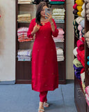 Gosriki Women'S Rayon Blend Straight Embroidered Kurta With Pant (Bloom Red-Gs_Xl_Red_X-Large),Red,,B0DK9NN788