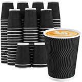 Lamosi Coffee Cups 12 oz 100 Pack, Black Disposable Coffee Cups, Corrugated Paper Cup 12 oz, Ripple Wall Insulated Water Cup Wit