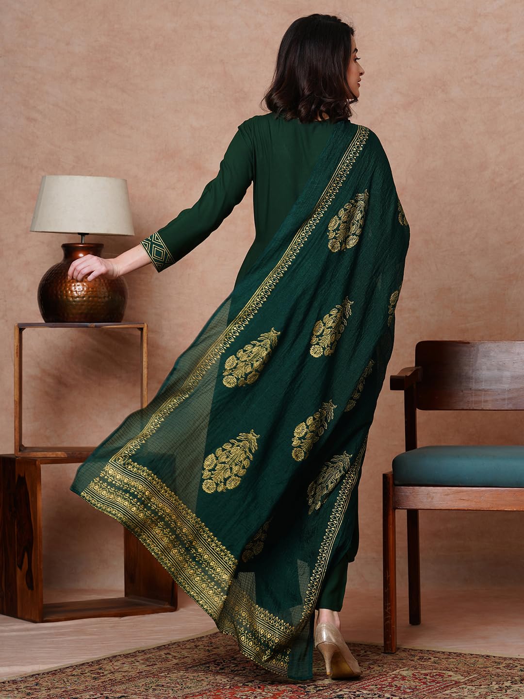 Gosriki Women'S Rayon Blend Solid Anarkali Kurta With Pant & Dupatta (Magic-Green-Nb-Gs_Xxl_Green_Xx-Large),Green,2,B0CX15M7NT