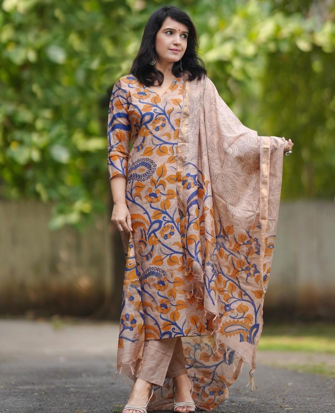 Anni Designer Women'S Rayon Blend Printed Straight Kurta With Pant & Dupatta (Kalam Chiku_M_Beige_Medium),Beige,M,Rayon Blend,Regular,Dupatta