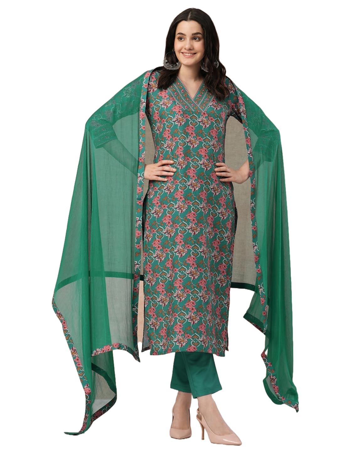 Anni Designer Women'S Rayon Blend Straight Printed Kurta With Pant & Dupatta (Shaniya Green-Nw_Xxl_Green_Xx-Large),Green,2XL