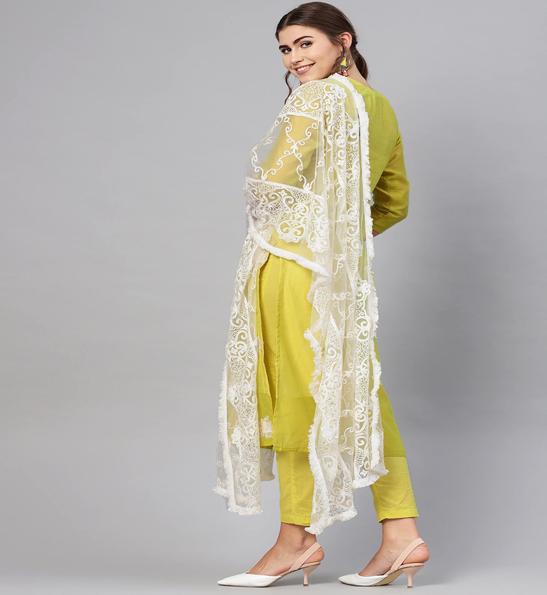Anni Designer Women'S Ruby Cotton Straight Embroidery Kurti With Pant & Dupatta Set (White-Show-Light-Nw),Yellow,XL,Cotton Blend,Regular,Kurta, Scarf