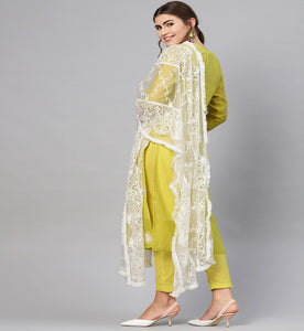 Anni Designer Women'S Ruby Cotton Straight Embroidery Kurti With Pant & Dupatta Set (White-Show-Light-Nw),Yellow,XL,Cotton Blend,Regular,Kurta, Scarf
