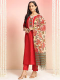 Anni Designer Women'S Rayon Viscose Floral Straight Kurta With Pant & Dupatta (Dhar-Clrs-Rb_Red_Medium),Red,M,Rayon,Casual,