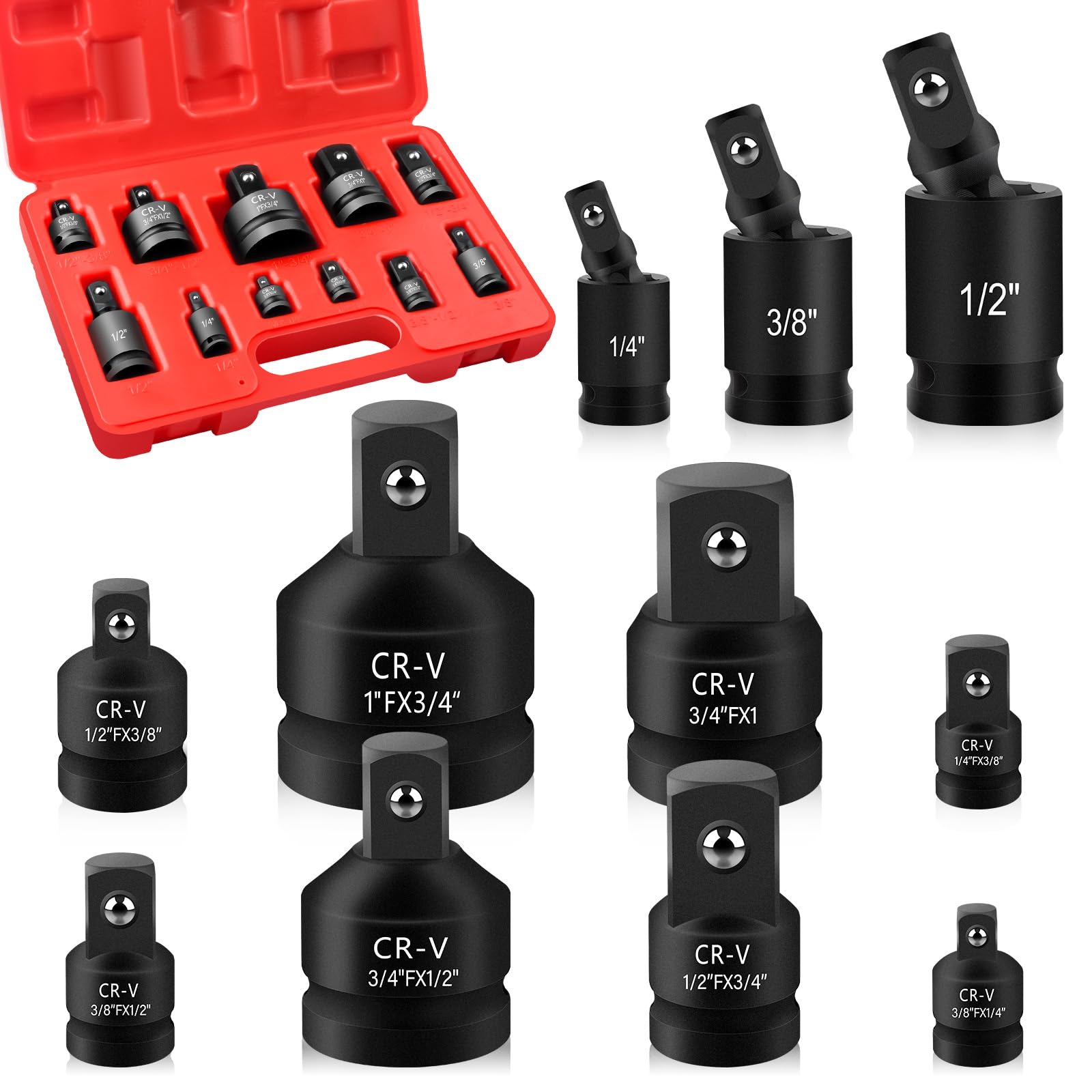 11PCS Impact Socket Adapter and Reducer Set, 1/4 3/8 1/2 3/4 1 Inch Square Drive Wrench Adapter, CR-MO Steel, for Dril