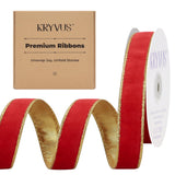 Red Velvet Wired Ribbon 1 inch x Continuous 10 Yards, Metallic Red Gold Velvet Christmas Ribbon Prefect for Gift Wrapping, Chris