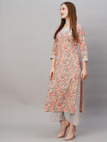 Anni Designer Women'S Cotton Blend Printed Straight Kurta With Pant (Cam Peach_L_Peach_Large),Peach,L,Cotton Blend,Regular,Kurta