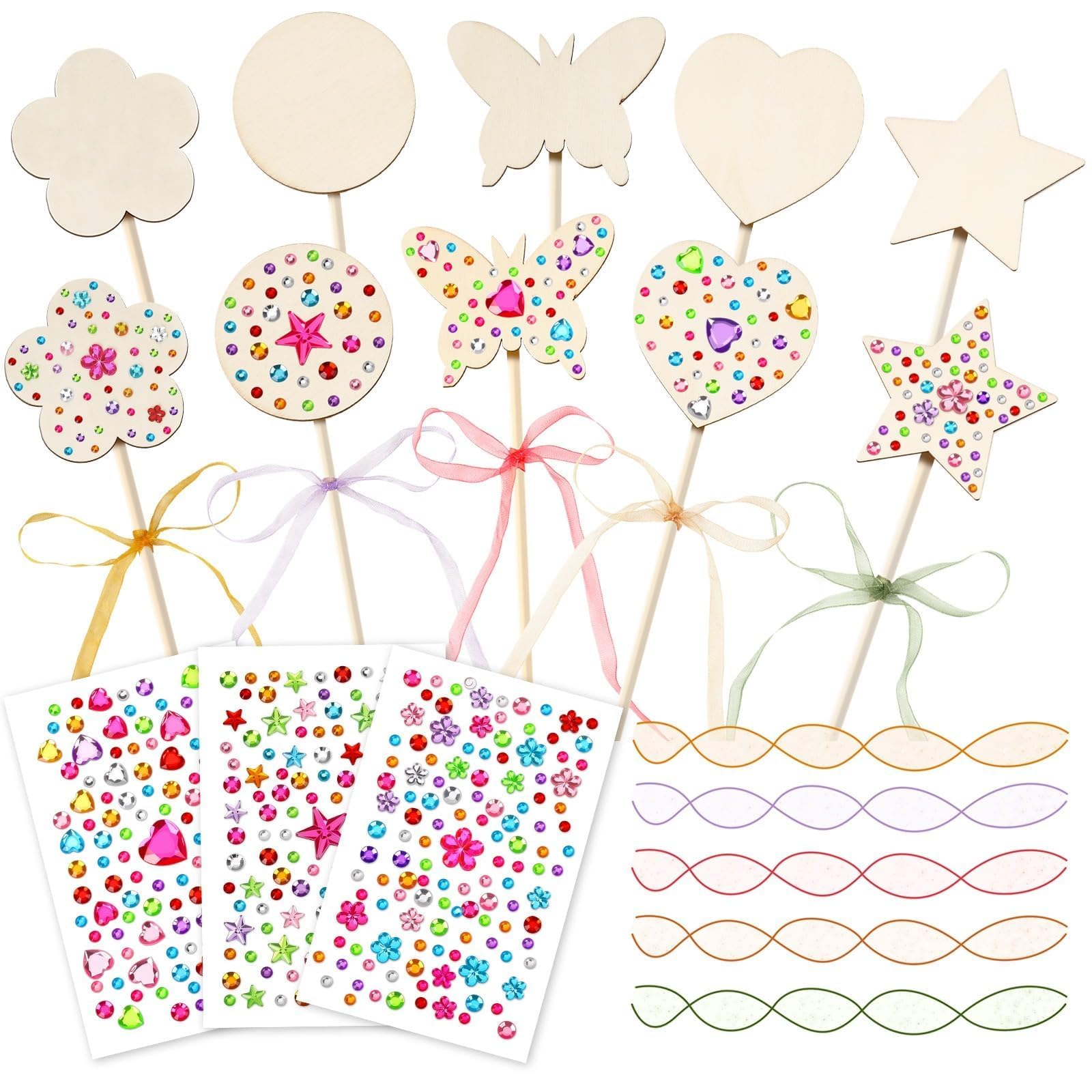 AUGSUN 43Pcs Princess Fairy Wands Kit, 20Pcs Wood Fairy Wands 20 Ribbons with 3 Sheets Gem Stickers Birthday Party Supplies Make