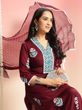 Anni Designer Women'S Rayon Viscose Floral Straight Kurta With Pant & Dupatta (Belagavi Vks04_Wine_X-Large),Wine,XL,,,