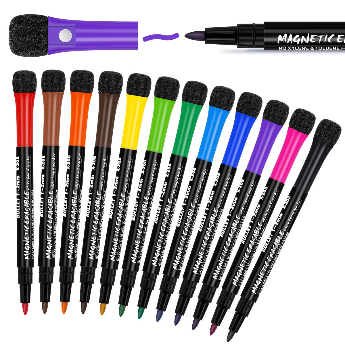 12 Fine Tip Dry Erase Markers - Whiteboard Markers Magnetic Dry Erase Markers With Eraser, Low Odor White Board Markers Dry Eras