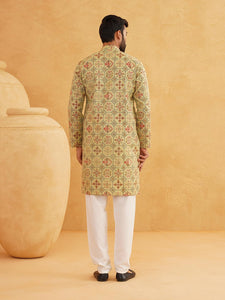Sojanya (Since 1958 Men'S Cotton Linen Pista Green & Multi Print Only Long Kurta