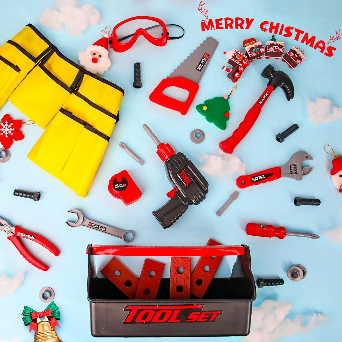 LOYO Kids Tool Set - Pretend Play Construction Toy with Tool Box Kids Tool Belt Electronic Toy Drill Construction Accessories Gi