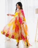 Women Floral Print Anarkali Kurta With Pant And Duptta (Medium Yellow),Yellow,M,Georgette,Anarkali,Dupatta