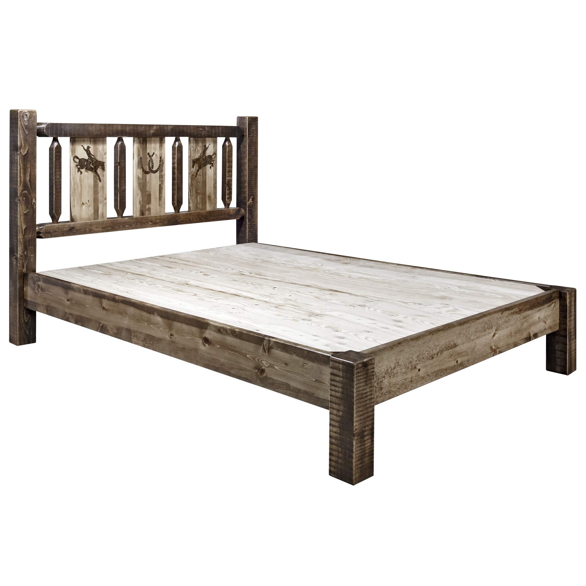 Montana Woodworks Homestead Collection King Platform Bed With Laser Engraved Bronc Design Stain & Clear Lacquer Finish